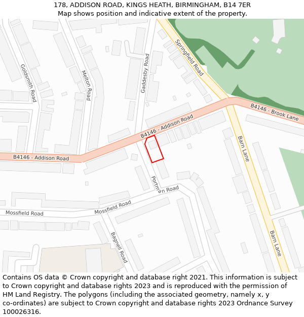 178, ADDISON ROAD, KINGS HEATH, BIRMINGHAM, B14 7ER: Location map and indicative extent of plot