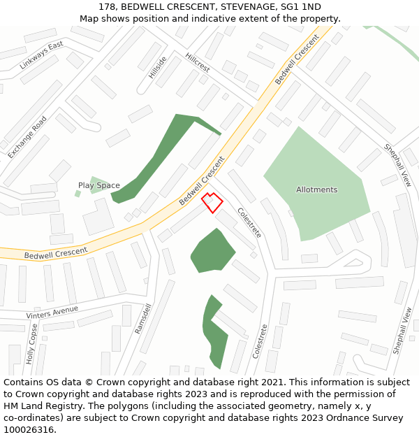 178, BEDWELL CRESCENT, STEVENAGE, SG1 1ND: Location map and indicative extent of plot