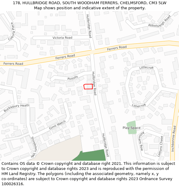 178, HULLBRIDGE ROAD, SOUTH WOODHAM FERRERS, CHELMSFORD, CM3 5LW: Location map and indicative extent of plot