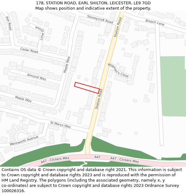 178, STATION ROAD, EARL SHILTON, LEICESTER, LE9 7GD: Location map and indicative extent of plot