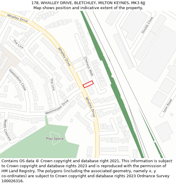 178, WHALLEY DRIVE, BLETCHLEY, MILTON KEYNES, MK3 6JJ: Location map and indicative extent of plot