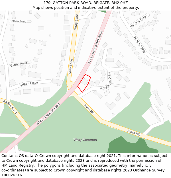 179, GATTON PARK ROAD, REIGATE, RH2 0HZ: Location map and indicative extent of plot