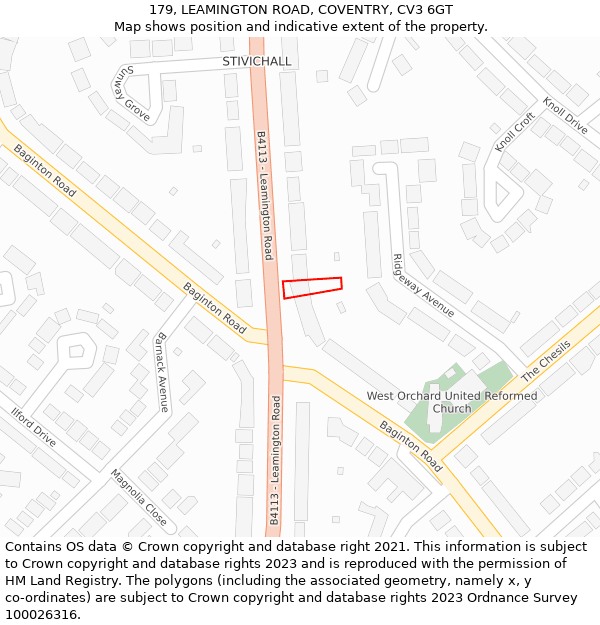 179, LEAMINGTON ROAD, COVENTRY, CV3 6GT: Location map and indicative extent of plot