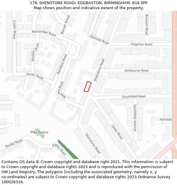 179, SHENSTONE ROAD, EDGBASTON, BIRMINGHAM, B16 0PF: Location map and indicative extent of plot
