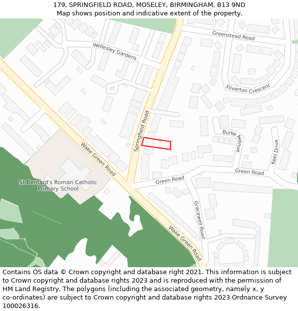 179, SPRINGFIELD ROAD, MOSELEY, BIRMINGHAM, B13 9ND: Location map and indicative extent of plot