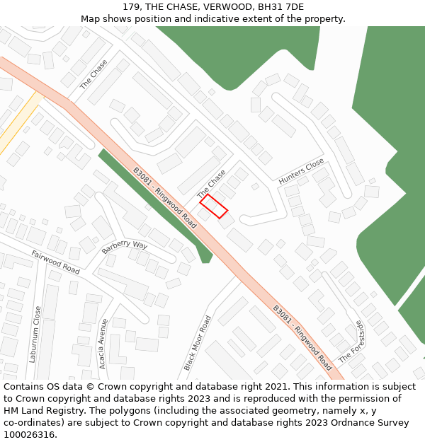 179, THE CHASE, VERWOOD, BH31 7DE: Location map and indicative extent of plot