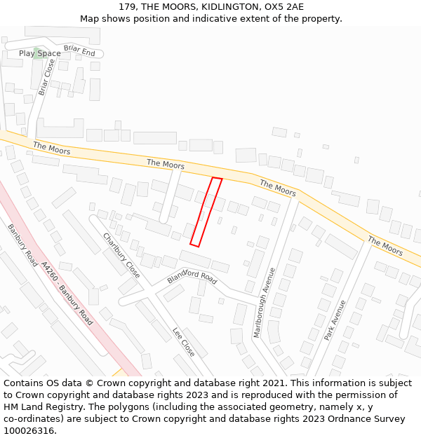 179, THE MOORS, KIDLINGTON, OX5 2AE: Location map and indicative extent of plot