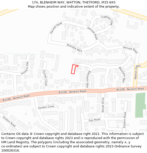 17A, BLENHEIM WAY, WATTON, THETFORD, IP25 6XS: Location map and indicative extent of plot