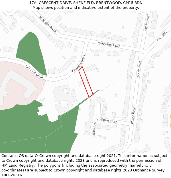 17A, CRESCENT DRIVE, SHENFIELD, BRENTWOOD, CM15 8DN: Location map and indicative extent of plot
