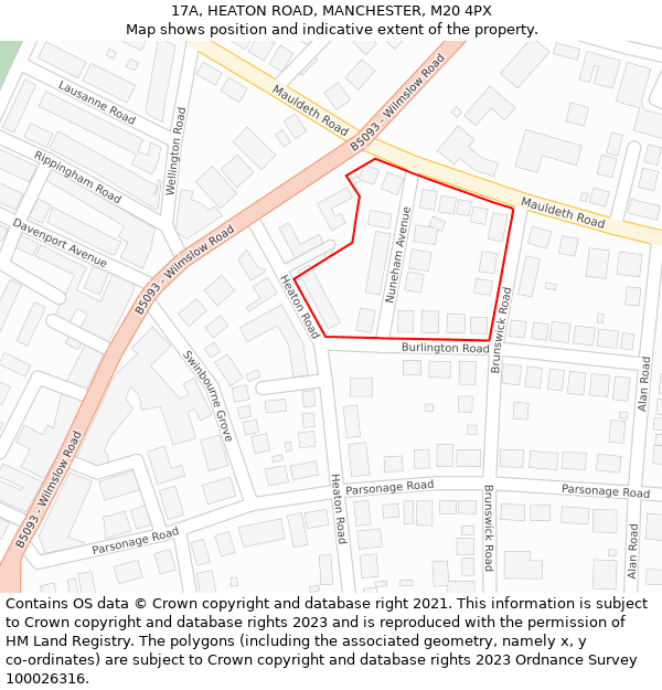 17A, HEATON ROAD, MANCHESTER, M20 4PX: Location map and indicative extent of plot