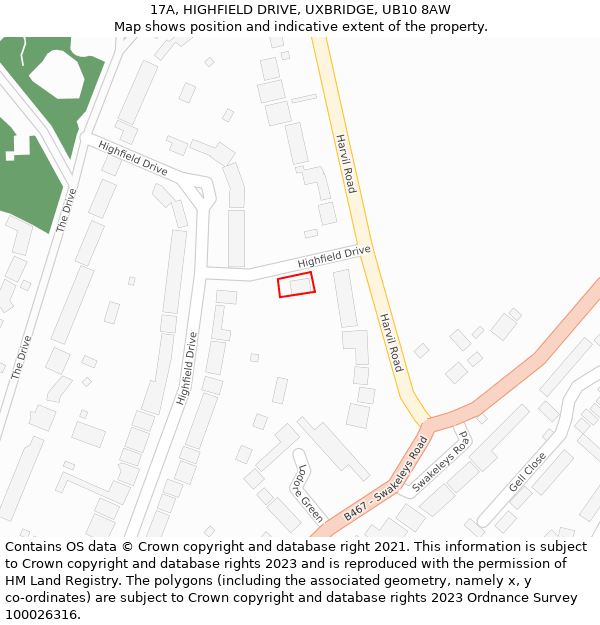 17A, HIGHFIELD DRIVE, UXBRIDGE, UB10 8AW: Location map and indicative extent of plot