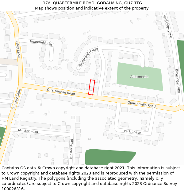 17A, QUARTERMILE ROAD, GODALMING, GU7 1TG: Location map and indicative extent of plot