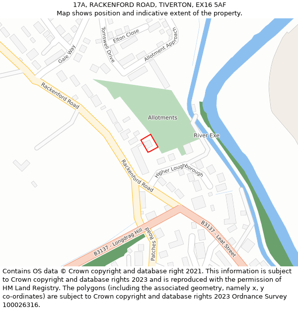 17A, RACKENFORD ROAD, TIVERTON, EX16 5AF: Location map and indicative extent of plot
