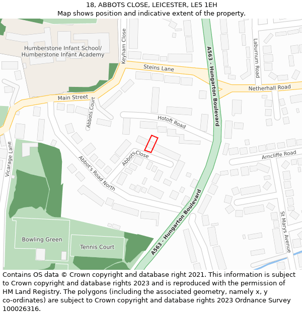 18, ABBOTS CLOSE, LEICESTER, LE5 1EH: Location map and indicative extent of plot