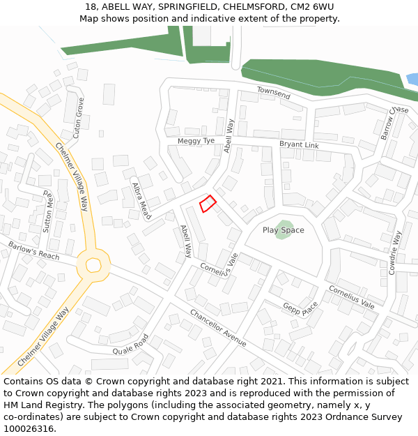 18, ABELL WAY, SPRINGFIELD, CHELMSFORD, CM2 6WU: Location map and indicative extent of plot