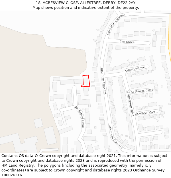 18, ACRESVIEW CLOSE, ALLESTREE, DERBY, DE22 2AY: Location map and indicative extent of plot