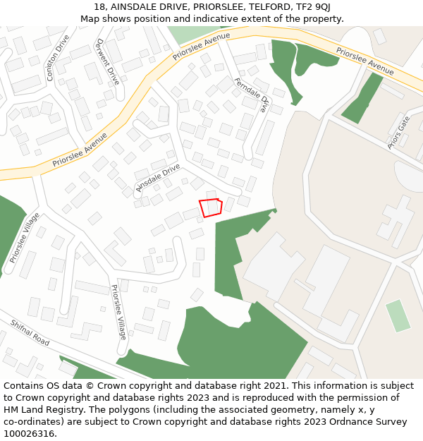 18, AINSDALE DRIVE, PRIORSLEE, TELFORD, TF2 9QJ: Location map and indicative extent of plot