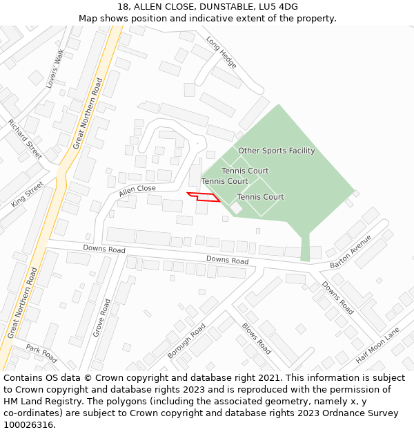 18, ALLEN CLOSE, DUNSTABLE, LU5 4DG: Location map and indicative extent of plot