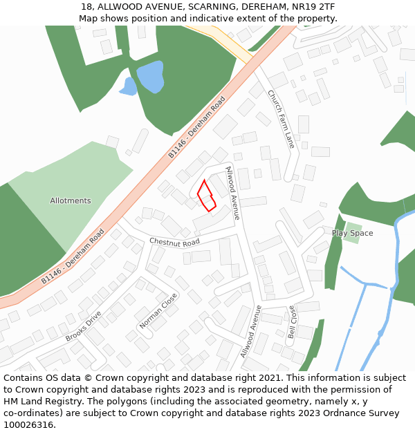 18, ALLWOOD AVENUE, SCARNING, DEREHAM, NR19 2TF: Location map and indicative extent of plot