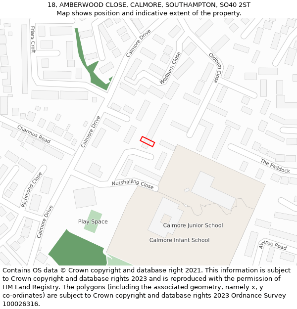 18, AMBERWOOD CLOSE, CALMORE, SOUTHAMPTON, SO40 2ST: Location map and indicative extent of plot