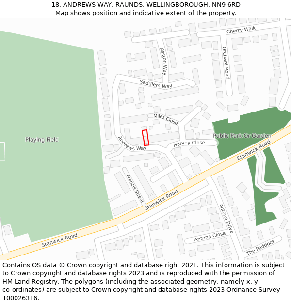 18, ANDREWS WAY, RAUNDS, WELLINGBOROUGH, NN9 6RD: Location map and indicative extent of plot