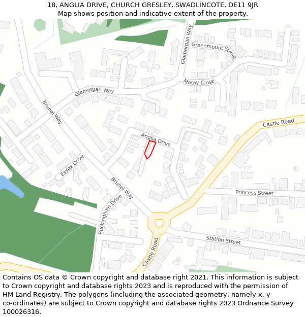 18, ANGLIA DRIVE, CHURCH GRESLEY, SWADLINCOTE, DE11 9JR: Location map and indicative extent of plot