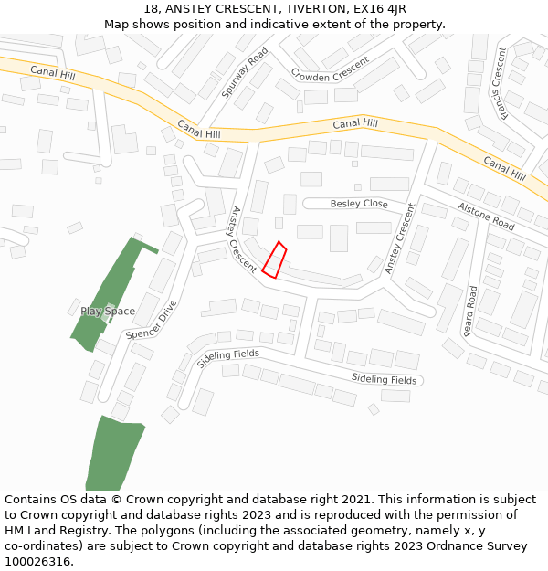 18, ANSTEY CRESCENT, TIVERTON, EX16 4JR: Location map and indicative extent of plot