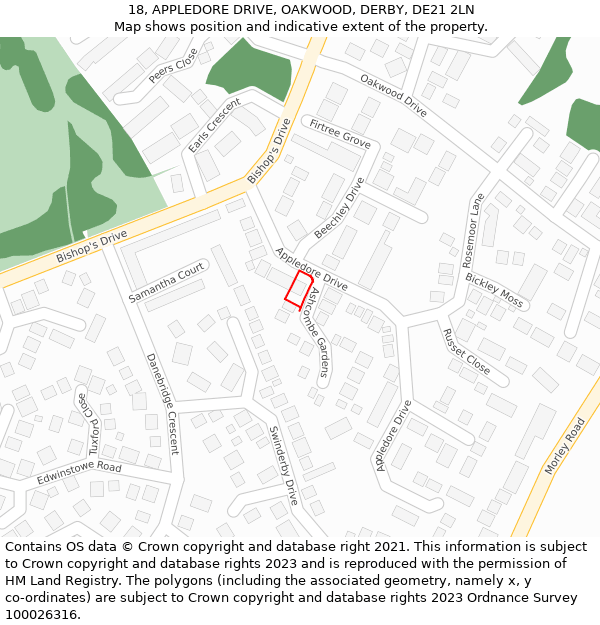 18, APPLEDORE DRIVE, OAKWOOD, DERBY, DE21 2LN: Location map and indicative extent of plot