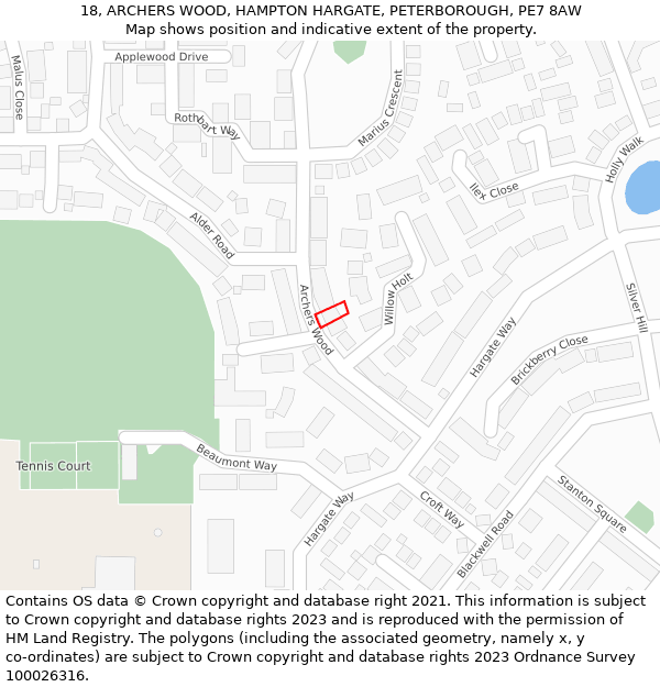 18, ARCHERS WOOD, HAMPTON HARGATE, PETERBOROUGH, PE7 8AW: Location map and indicative extent of plot