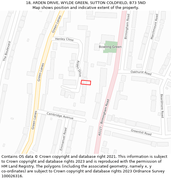 18, ARDEN DRIVE, WYLDE GREEN, SUTTON COLDFIELD, B73 5ND: Location map and indicative extent of plot