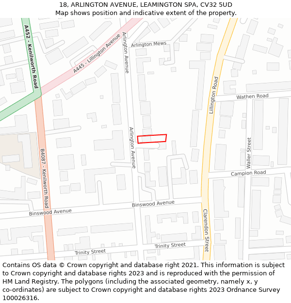 18, ARLINGTON AVENUE, LEAMINGTON SPA, CV32 5UD: Location map and indicative extent of plot