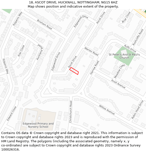 18, ASCOT DRIVE, HUCKNALL, NOTTINGHAM, NG15 6HZ: Location map and indicative extent of plot