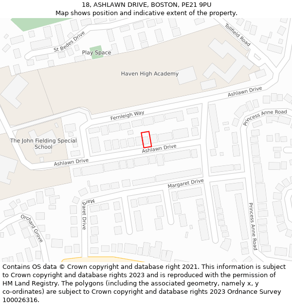 18, ASHLAWN DRIVE, BOSTON, PE21 9PU: Location map and indicative extent of plot
