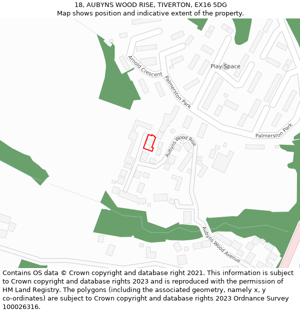 18, AUBYNS WOOD RISE, TIVERTON, EX16 5DG: Location map and indicative extent of plot