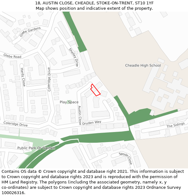 18, AUSTIN CLOSE, CHEADLE, STOKE-ON-TRENT, ST10 1YF: Location map and indicative extent of plot