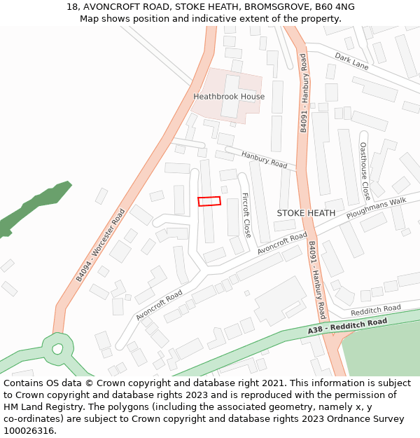 18, AVONCROFT ROAD, STOKE HEATH, BROMSGROVE, B60 4NG: Location map and indicative extent of plot