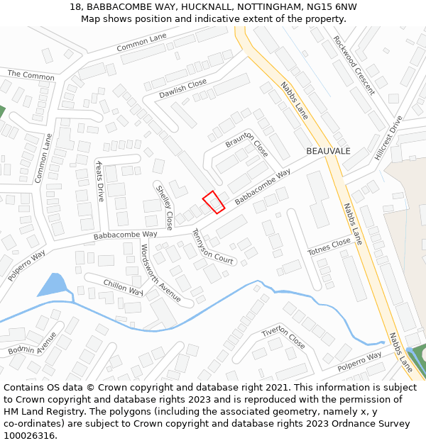 18, BABBACOMBE WAY, HUCKNALL, NOTTINGHAM, NG15 6NW: Location map and indicative extent of plot