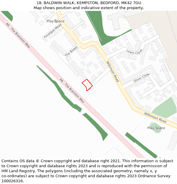 18, BALDWIN WALK, KEMPSTON, BEDFORD, MK42 7GU: Location map and indicative extent of plot