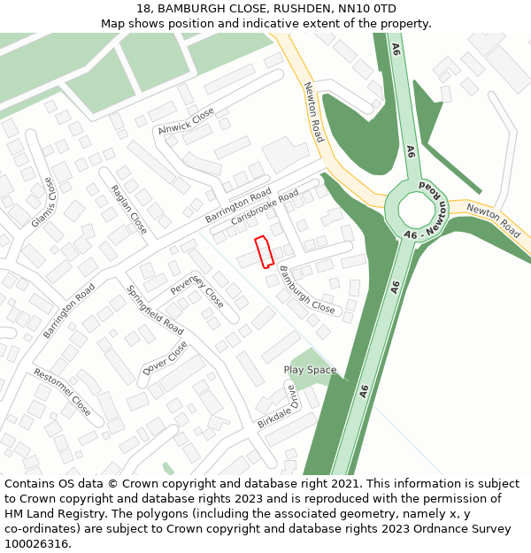 18, BAMBURGH CLOSE, RUSHDEN, NN10 0TD: Location map and indicative extent of plot