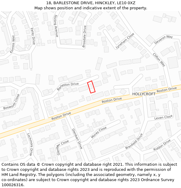 18, BARLESTONE DRIVE, HINCKLEY, LE10 0XZ: Location map and indicative extent of plot