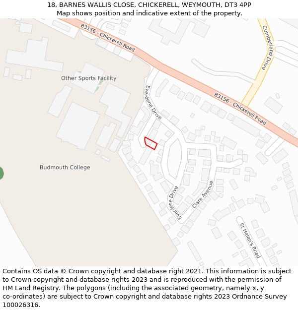 18, BARNES WALLIS CLOSE, CHICKERELL, WEYMOUTH, DT3 4PP: Location map and indicative extent of plot