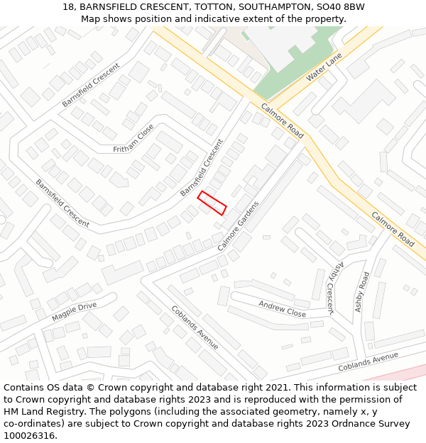 18, BARNSFIELD CRESCENT, TOTTON, SOUTHAMPTON, SO40 8BW: Location map and indicative extent of plot