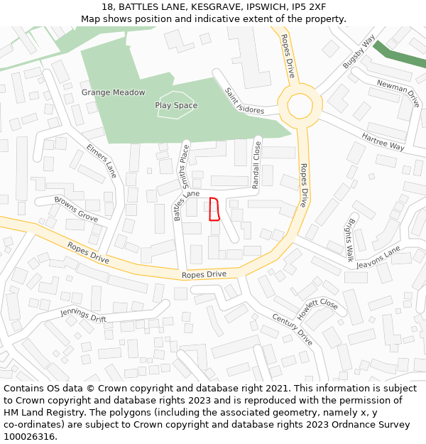18, BATTLES LANE, KESGRAVE, IPSWICH, IP5 2XF: Location map and indicative extent of plot