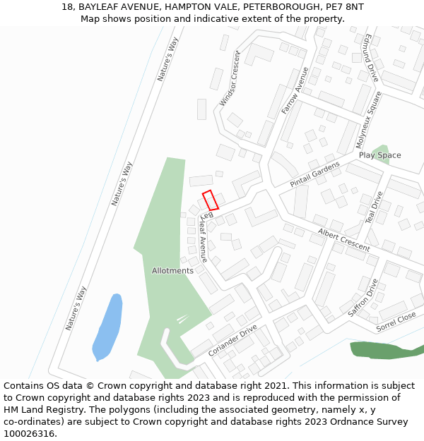 18, BAYLEAF AVENUE, HAMPTON VALE, PETERBOROUGH, PE7 8NT: Location map and indicative extent of plot