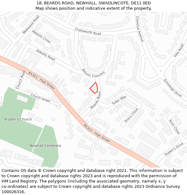 18, BEARDS ROAD, NEWHALL, SWADLINCOTE, DE11 0ED: Location map and indicative extent of plot