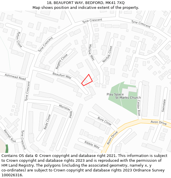 18, BEAUFORT WAY, BEDFORD, MK41 7XQ: Location map and indicative extent of plot