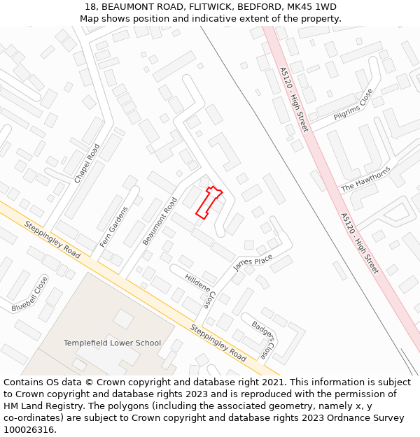 18, BEAUMONT ROAD, FLITWICK, BEDFORD, MK45 1WD: Location map and indicative extent of plot