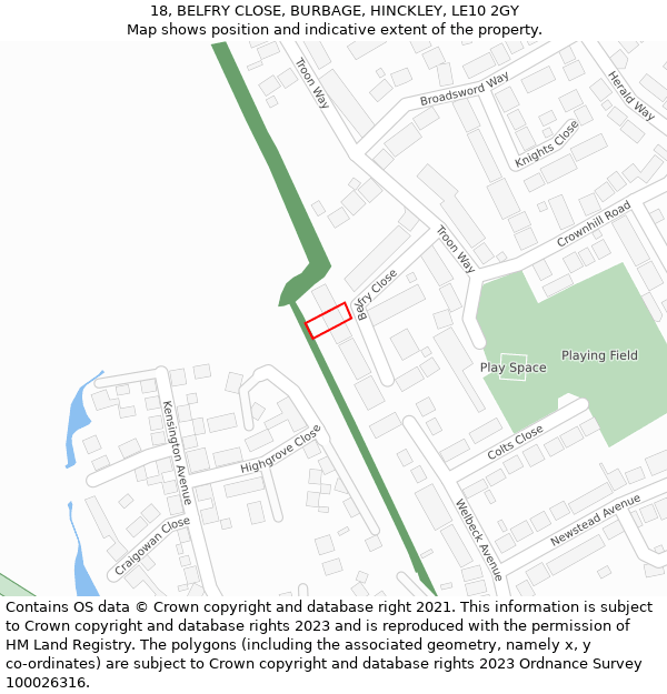 18, BELFRY CLOSE, BURBAGE, HINCKLEY, LE10 2GY: Location map and indicative extent of plot