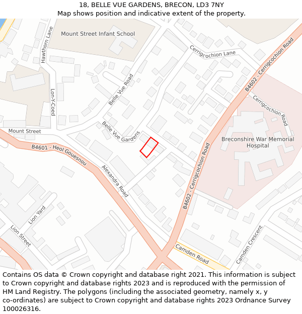 18, BELLE VUE GARDENS, BRECON, LD3 7NY: Location map and indicative extent of plot