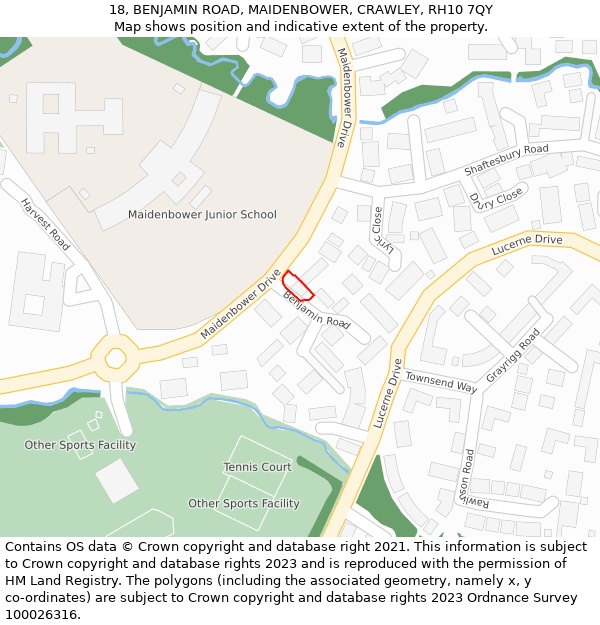 18, BENJAMIN ROAD, MAIDENBOWER, CRAWLEY, RH10 7QY: Location map and indicative extent of plot